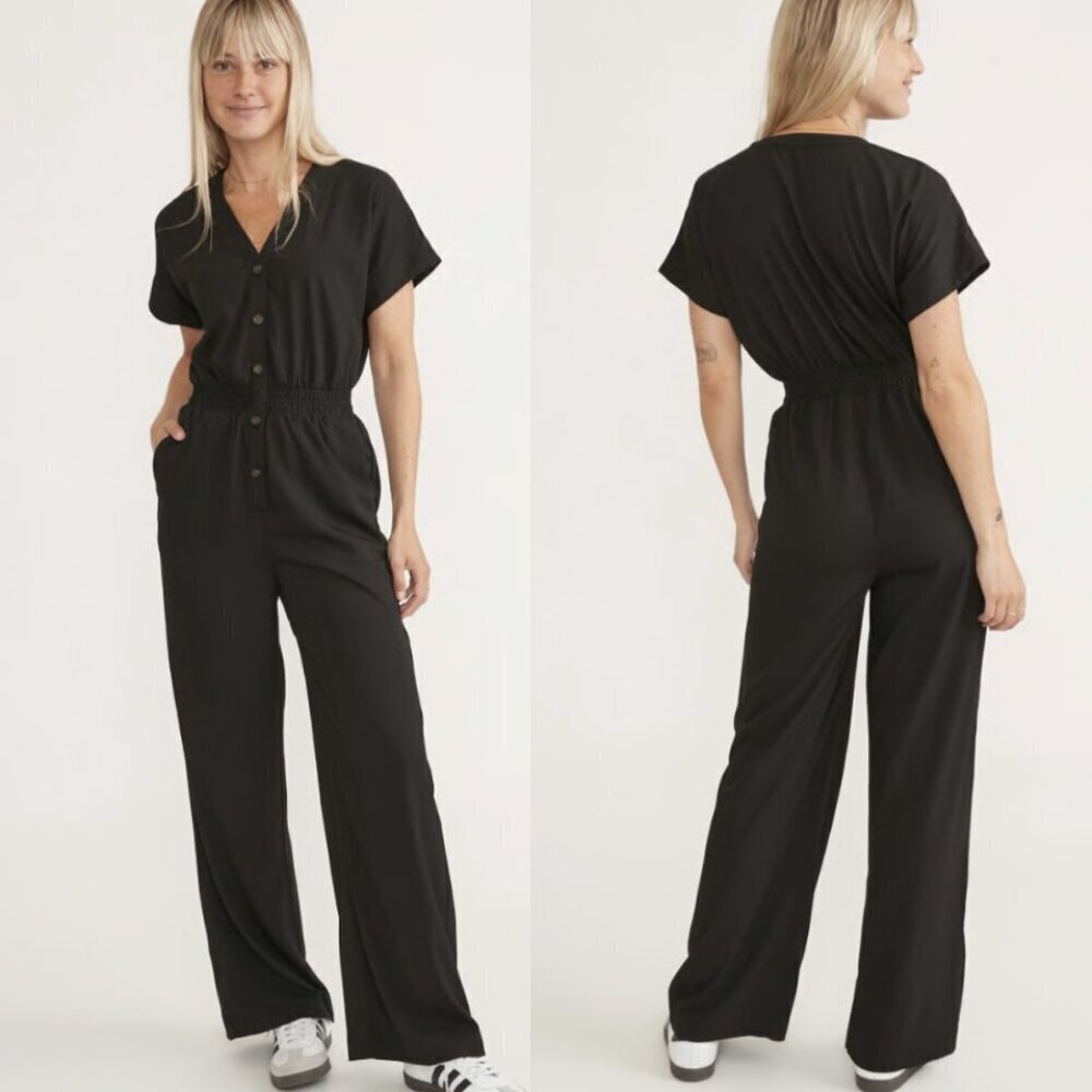 Marine Layer 'Lia' Wide Leg Button Front V-Neck Jumpsuit in Black, size S